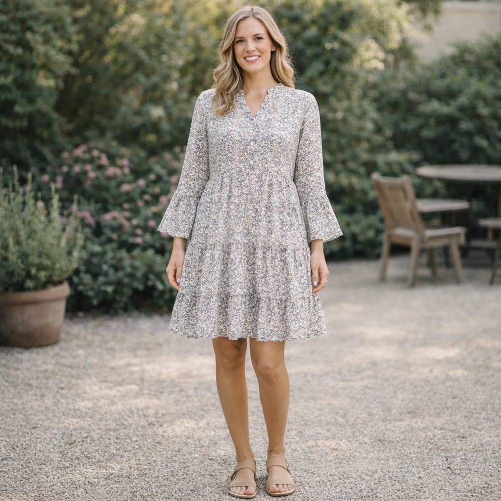 Floral Tiered V-Neck Dress in Soft Blue and Cream